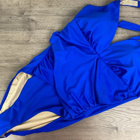 Swimsuits For All Blue Ruched Neck Tie One Piece Swimsuit Sz.14 NWT - Picture 1 of 12